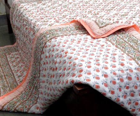 Cocobee_Peach Cotton Printed Florette Hand Block Quilt_Online_at_Aza_Fashions